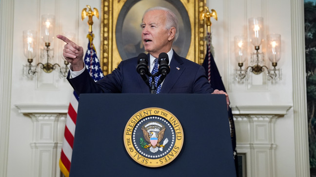 President Joe Biden speaks in the Diplomatic Reception Room of the White House, Thursday, Feb. 8, 2024, in Washington. (AP Photo/Evan Vucci)