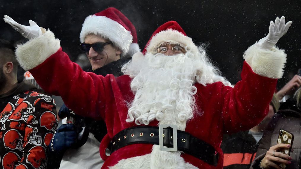 CLEVELAND, OHIO - DECEMBER 20: A fan dressed as Santa Claus reacts during the game between the Las Vegas Raiders and the Cleveland Browns at FirstEnergy Stadium on December 20, 2021 in Cleveland, Ohio. (Photo by Jason Miller/Getty Images)