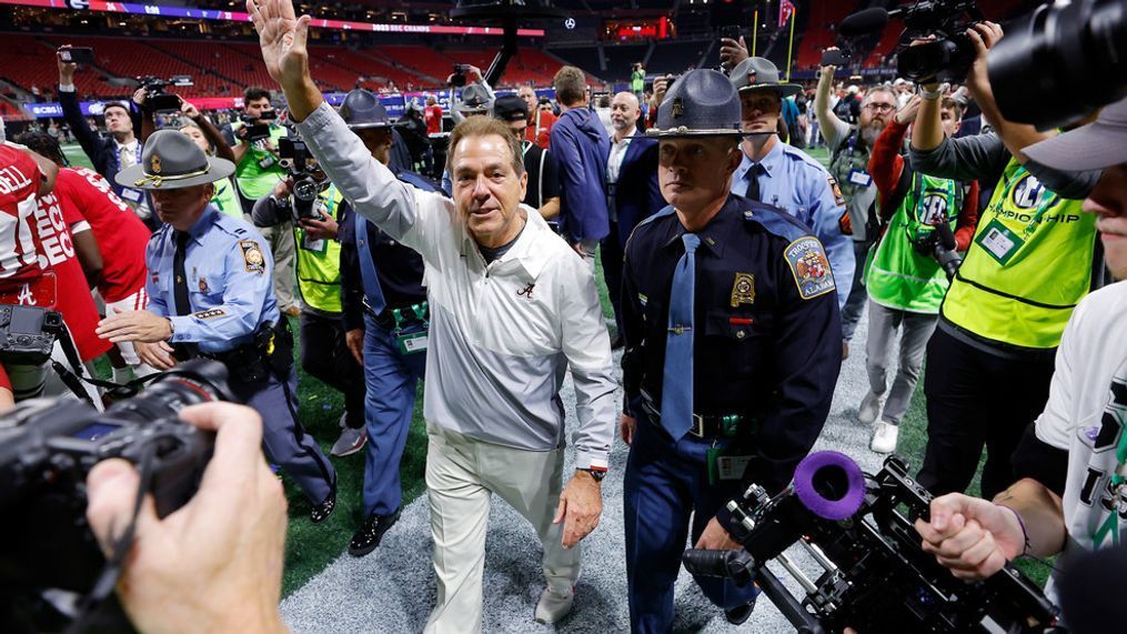 ATLANTA, GEORGIA - DECEMBER 02: Head coach Nick Saban of the Alabama Crimson Tide celebrates after defeating the Georgia Bulldogs 27-24 in the SEC Championship at Mercedes-Benz Stadium on December 02, 2023 in Atlanta, Georgia. (Photo by Todd Kirkland/Getty Images)