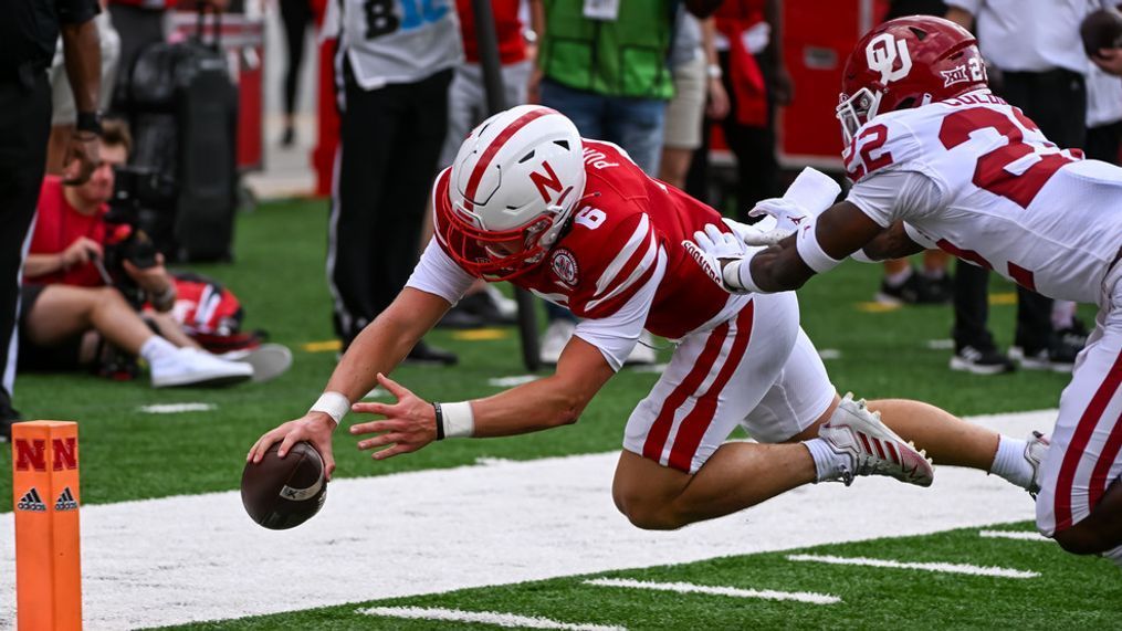 Nebraska's Chubba Purdy scores against Oklahoma during a game in 2022. (Steven Branscombe/Getty Images)