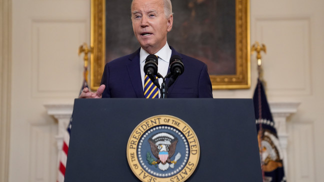 President Joe Biden delivers remarks on the Emergency National Security Supplemental Appropriations Act in the State Dining Room of the White House, Tuesday, Feb. 6, 2024, in Washington. (AP Photo/Evan Vucci)