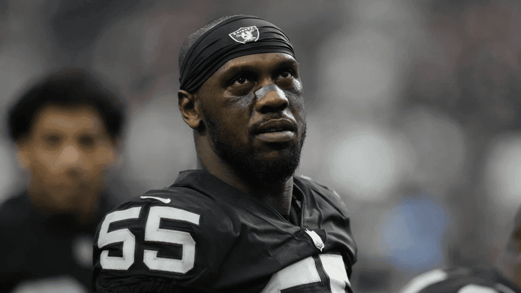 FILE - Las Vegas Raiders defensive end Chandler Jones (55) warms up before an NFL football game against the New England Patriots, Monday, Dec. 19, 2022, in Las Vegas. (AP Photo/John Locher, File)