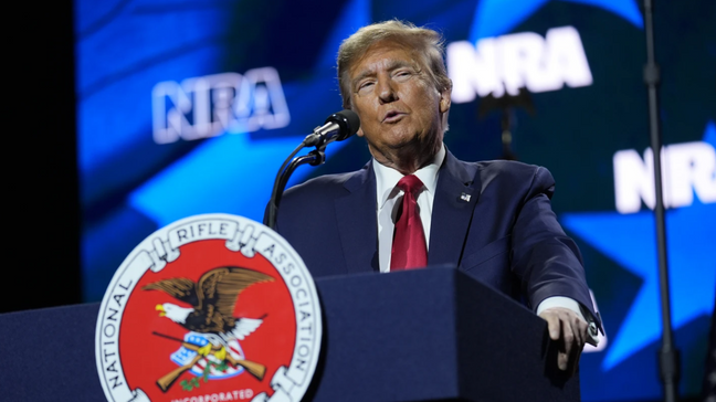 FILE - Republican presidential candidate former President Donald Trump speaks at the National Rifle Association's Presidential Forum in Harrisburg, Pa., Friday, Feb. 9, 2024. (AP Photo/Matt Rourke)