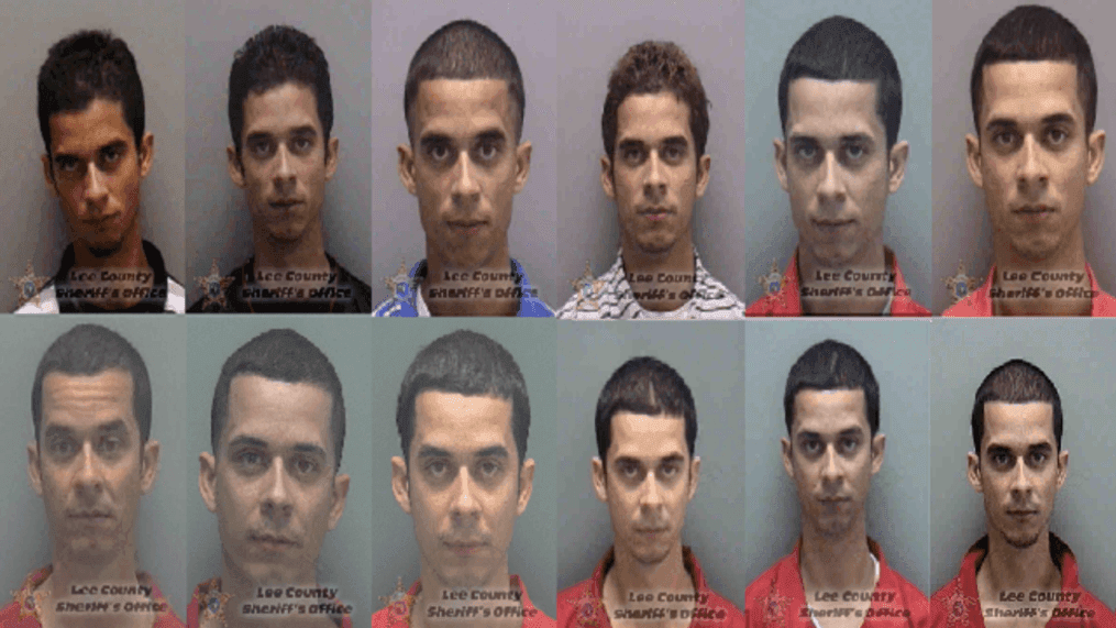 Edrey Santo Rojas was arrested a dozen times in one Florida county (clockwise from top left) from 2007 to 2023. Click through for charges. (Lee Co. Sheriff’s Office)