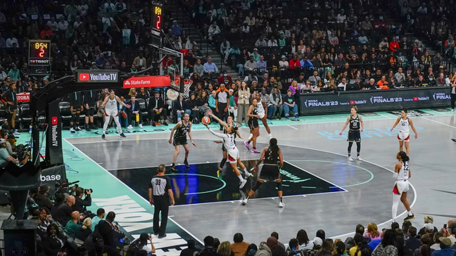 Las Vegas Aces forward Alysha Clark (7) goes up for a basket during the first half in Game 4 of a WNBA basketball final playoff series against the New York Liberty, Wednesday, Oct. 18, 2023, in New York. (AP Photo/Frank Franklin II)